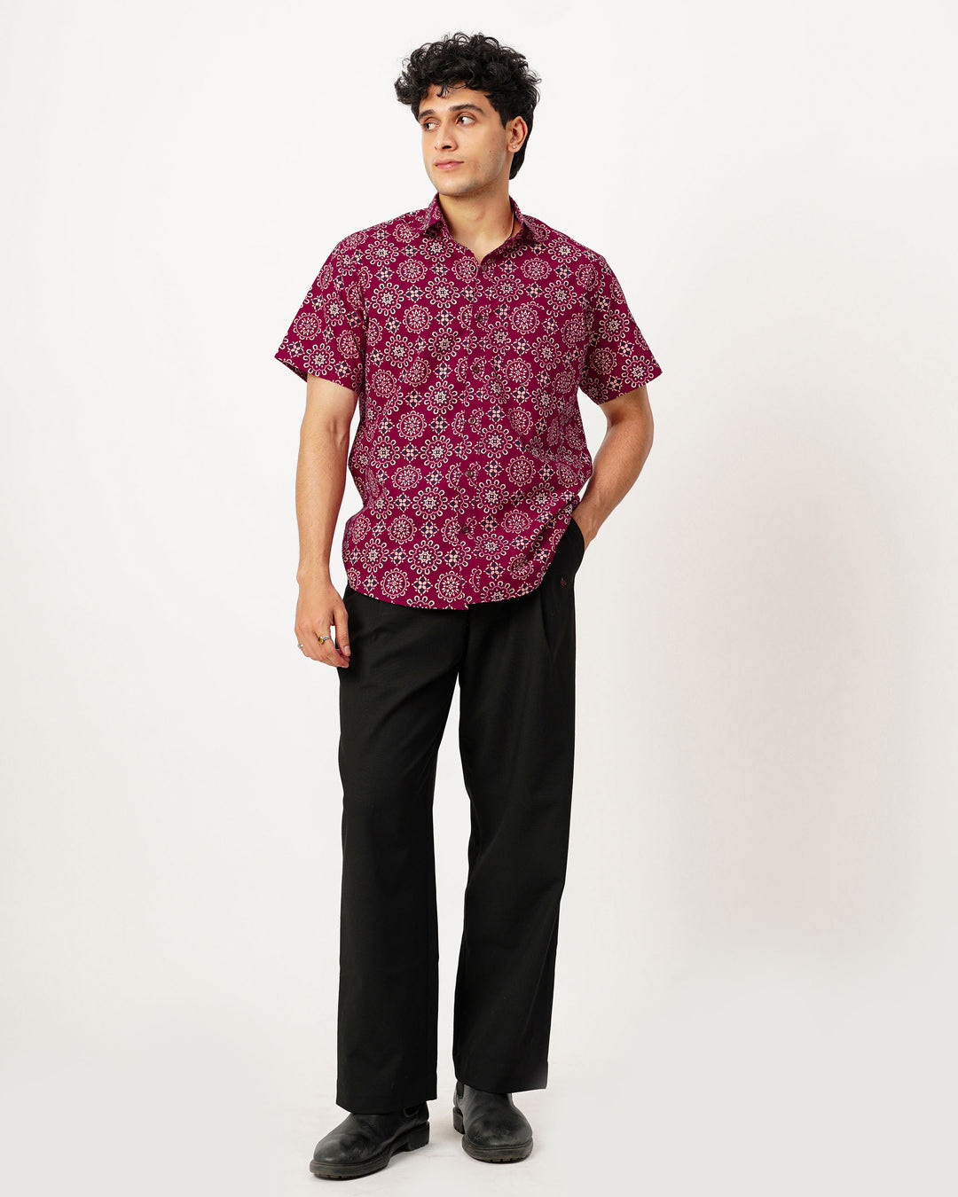 Maroon Ornate Cotton Poplin Half Sleeve Shirt