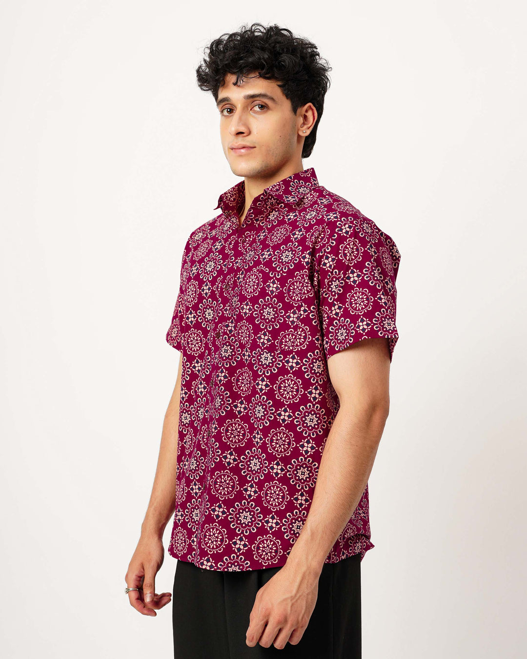 Maroon Ornate Cotton Poplin Half Sleeve Shirt