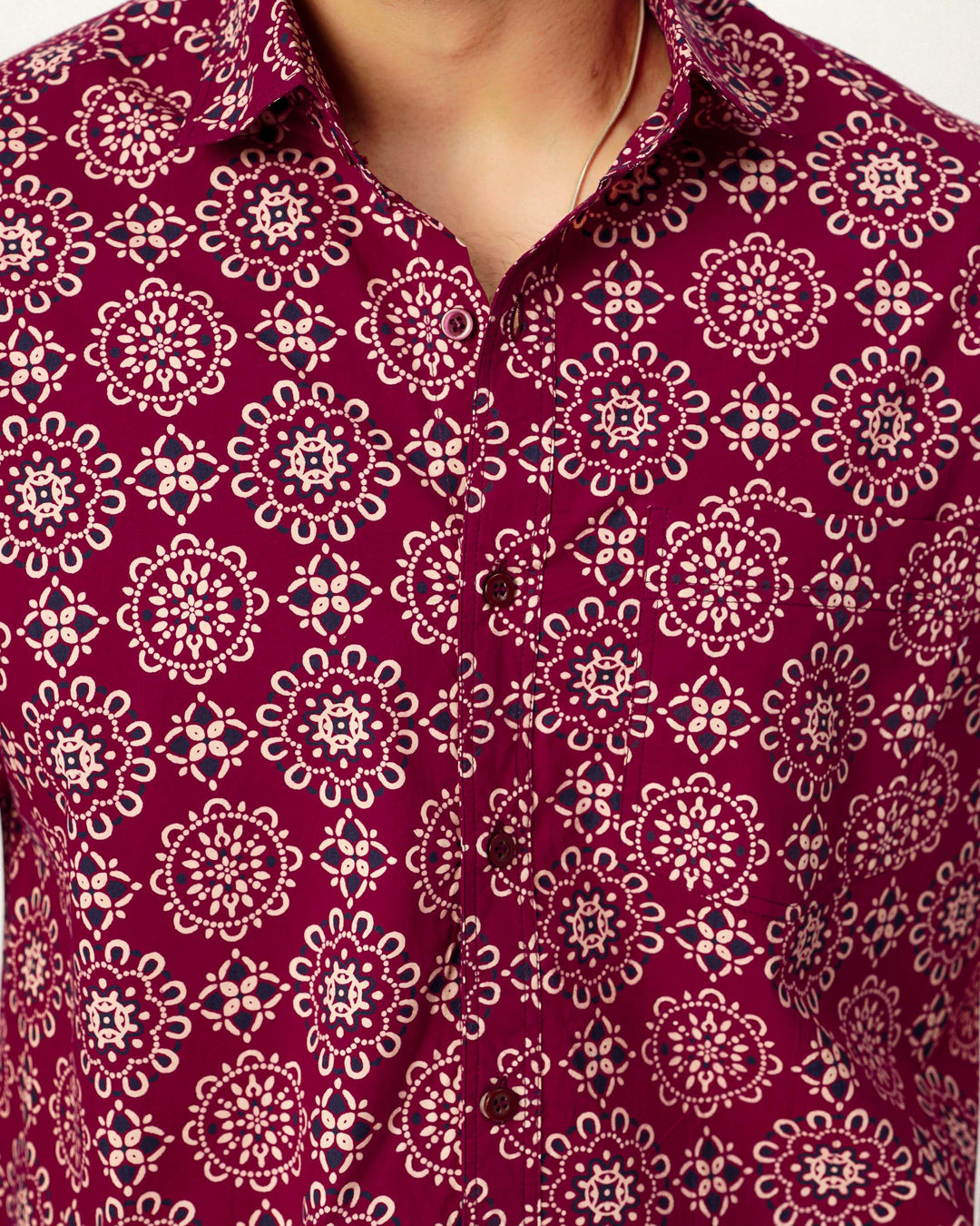 Maroon Ornate Cotton Poplin Half Sleeve Shirt