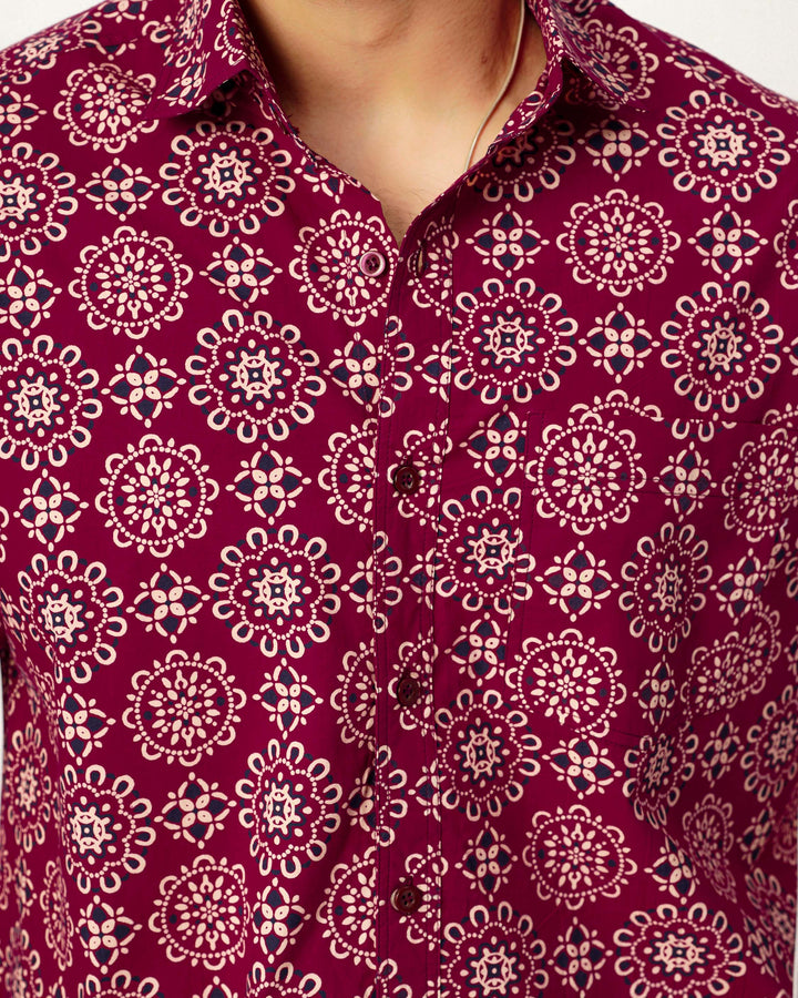 Maroon Ornate Cotton Poplin Half Sleeve Shirt