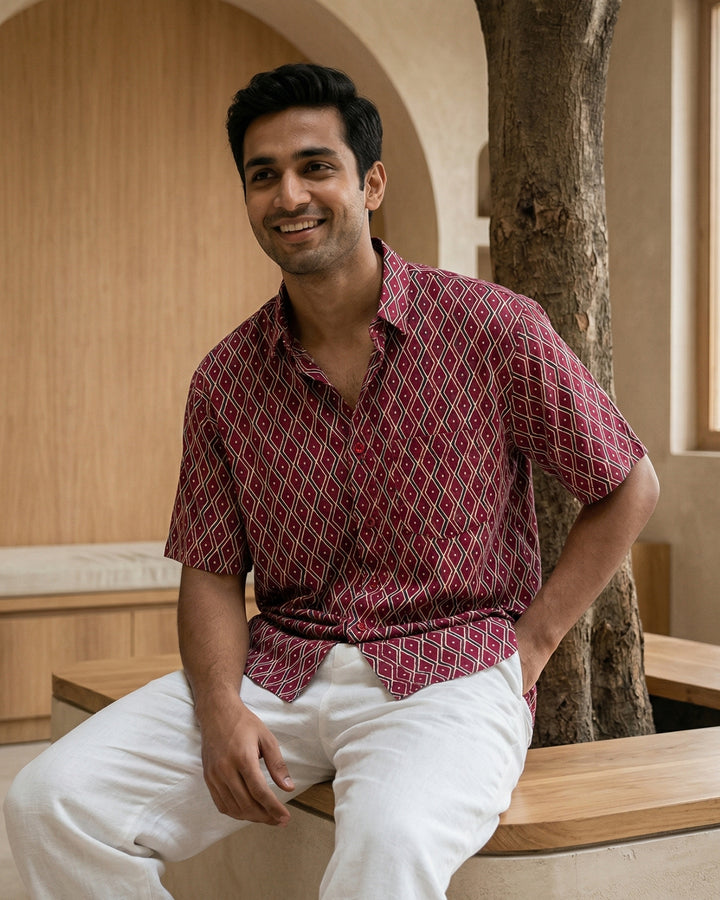 Maroon Linear Framework Cotton Poplin Half Sleeve Shirt