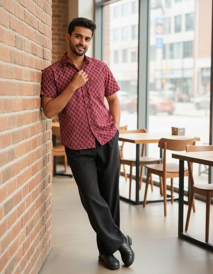 Maroon Linear Framework Cotton Poplin Half Sleeve Shirt