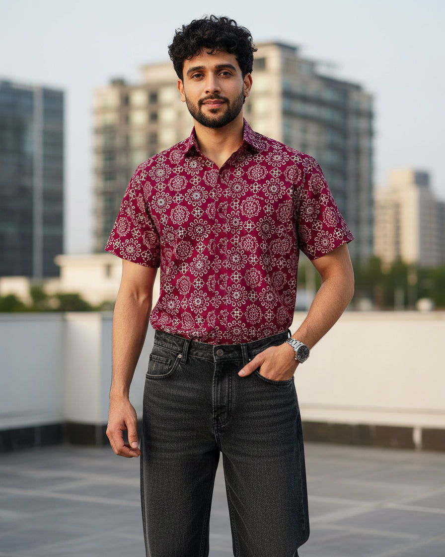 Maroon Ornate Cotton Poplin Half Sleeve Shirt