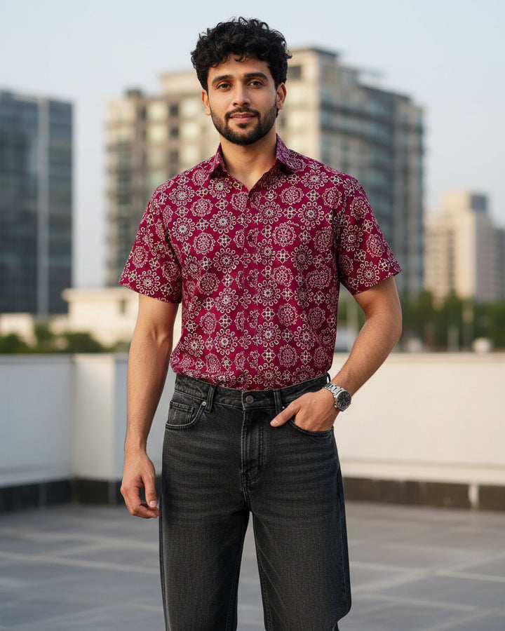 Maroon Ornate Cotton Poplin Half Sleeve Shirt