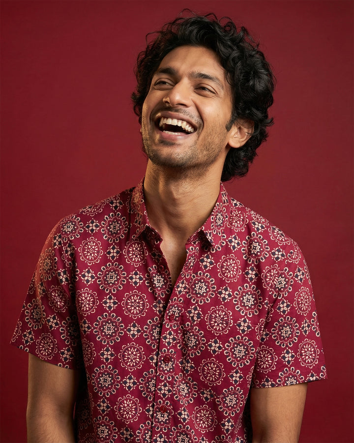 Maroon Ornate Cotton Poplin Half Sleeve Shirt
