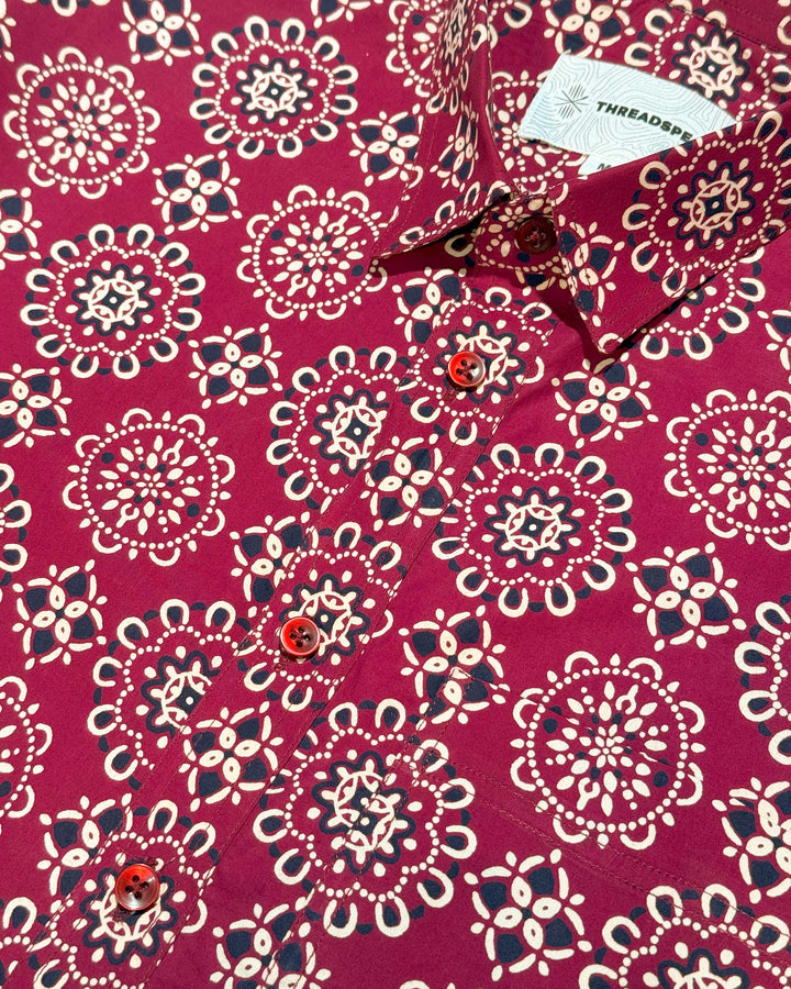 Maroon Ornate Cotton Poplin Half Sleeve Shirt
