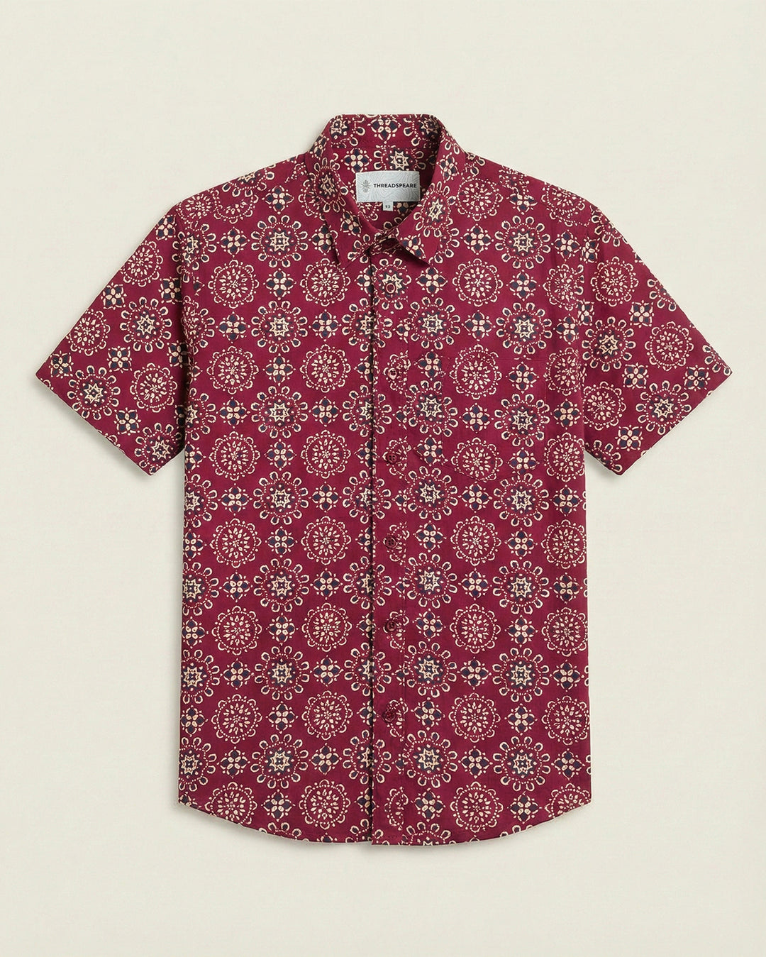 Maroon Ornate Cotton Poplin Half Sleeve Shirt