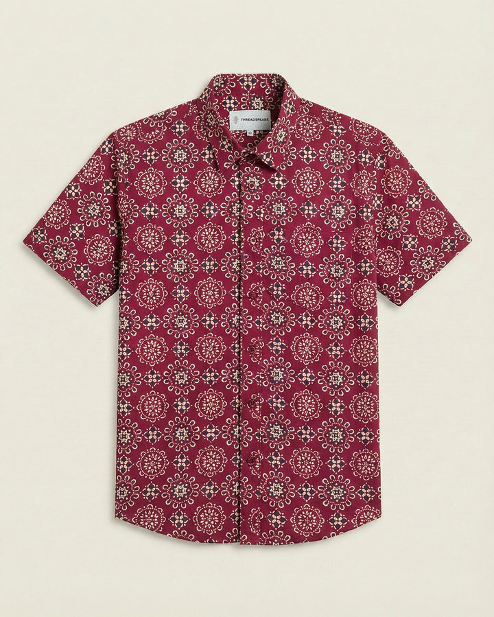 Maroon Ornate Cotton Poplin Half Sleeve Shirt