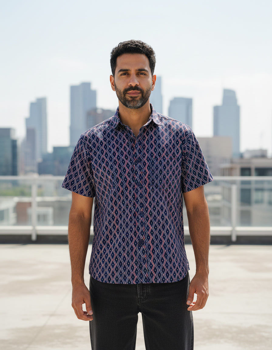 Navy Blue Linear Framework Cotton Poplin Half Sleeve Shirt