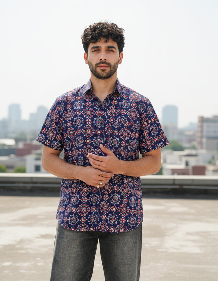 Navy Blue Ornate Cotton Poplin Half Sleeve Shirt