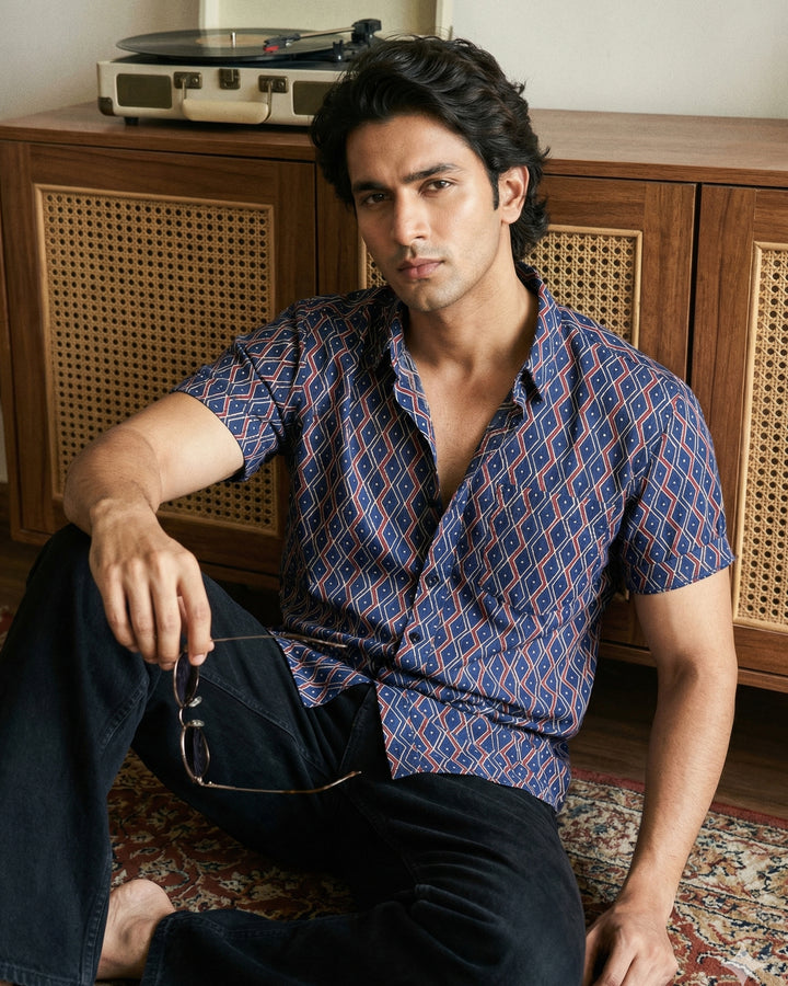 Navy Blue Linear Framework Cotton Poplin Half Sleeve Shirt