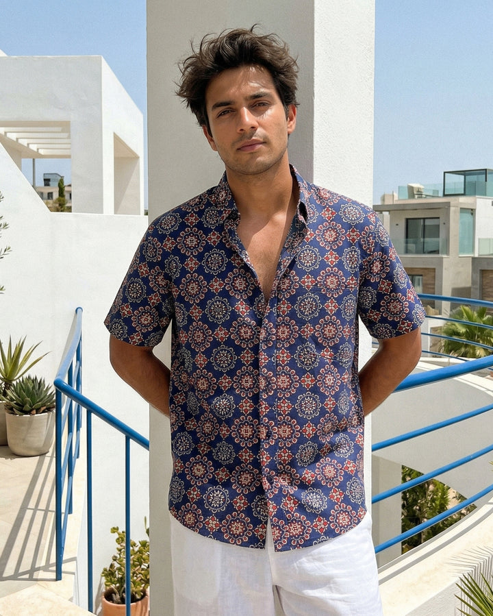 Navy Blue Ornate Cotton Poplin Half Sleeve Shirt