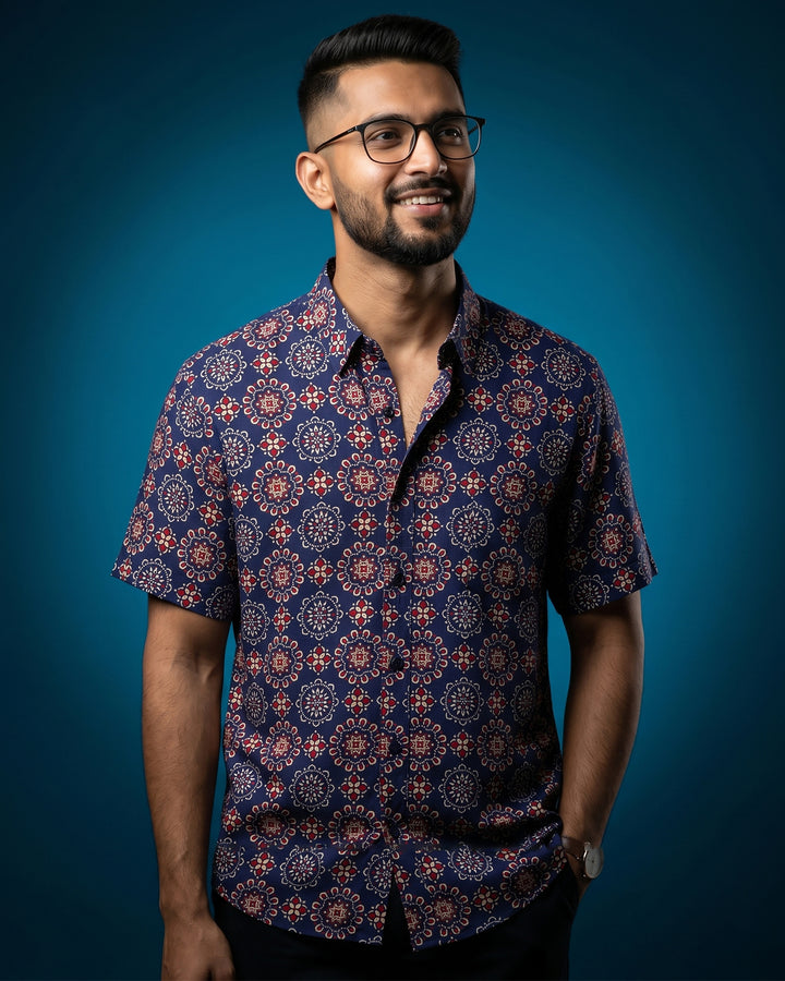 Navy Blue Ornate Cotton Poplin Half Sleeve Printed Shirt