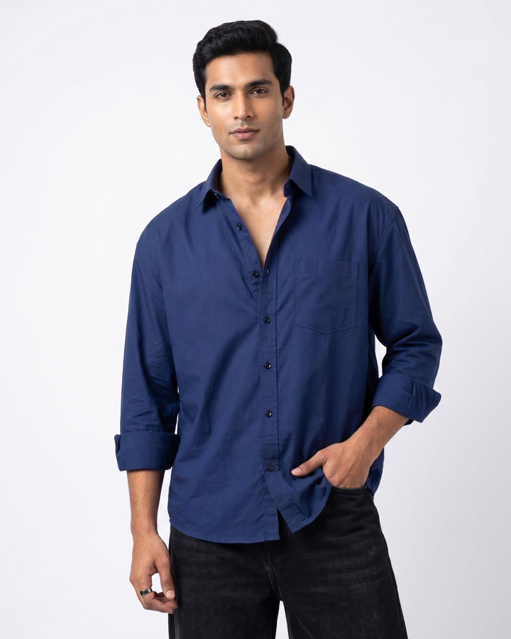Navy Blue Cotton Poplin Shirt