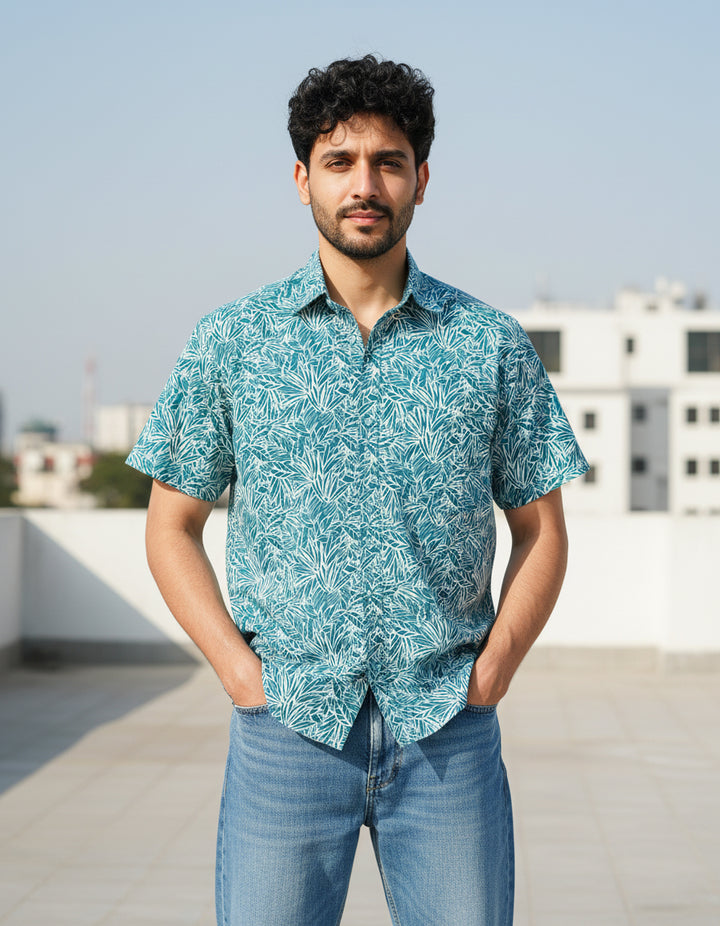 Teal Nature Weave Cotton Poplin Half Sleeve Shirt