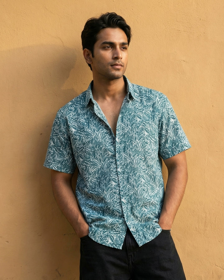Teal Nature Weave Cotton Poplin Half Sleeve Shirt