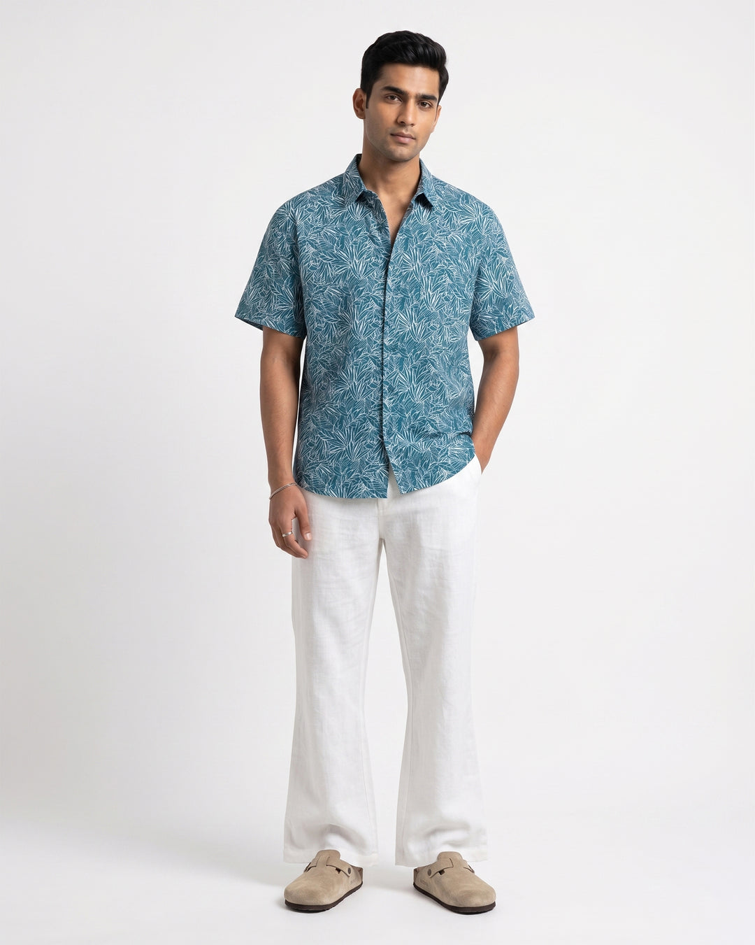 Teal Nature Weave Cotton Poplin Half Sleeve Shirt