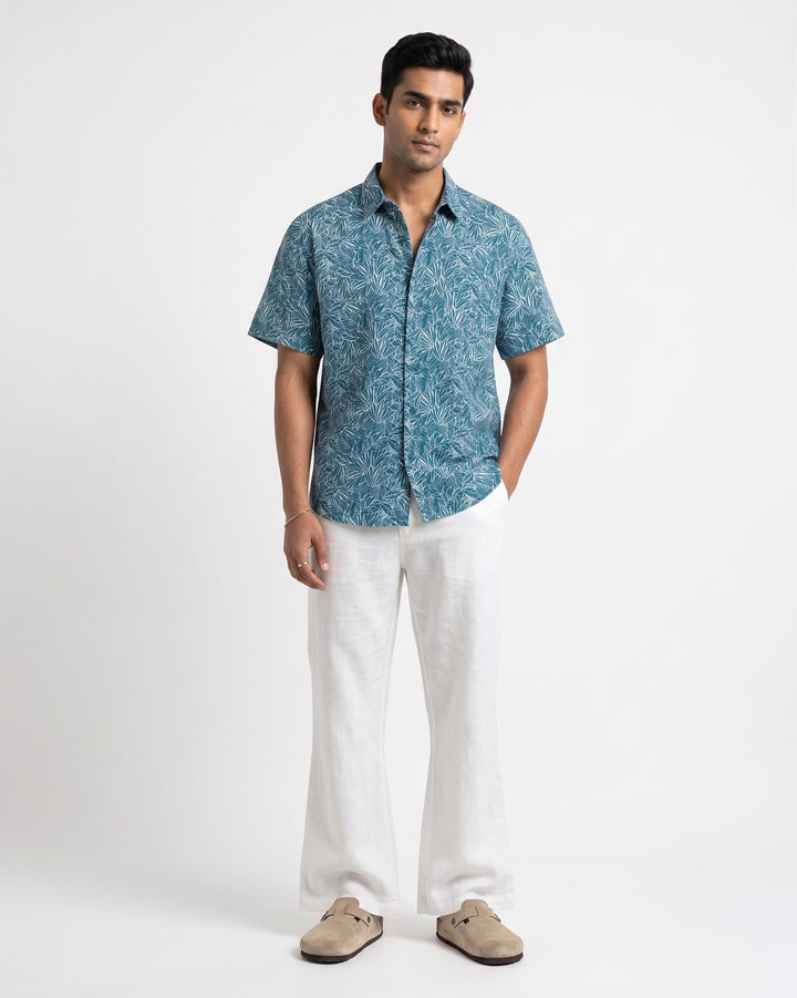 Teal Nature Weave Cotton Poplin Half Sleeve Shirt