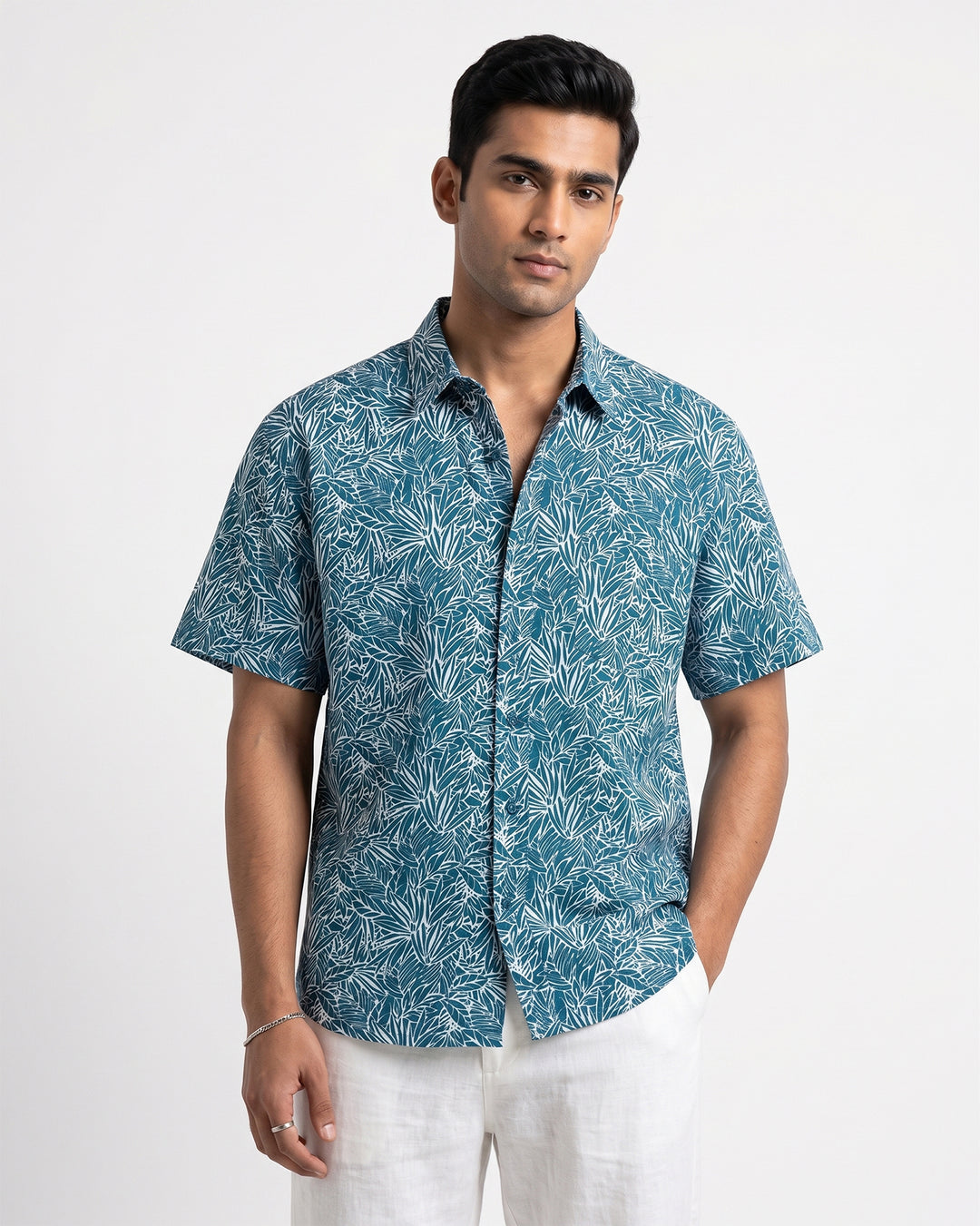 Teal Nature Weave Cotton Poplin Half Sleeve Shirt