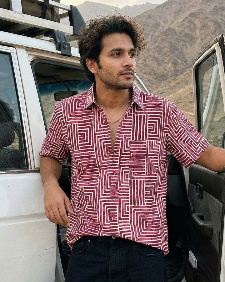 Wine Gridlock Cotton Poplin Half Sleeve Shirt