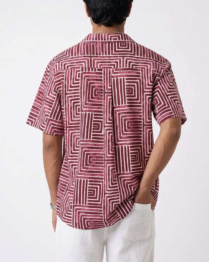 Wine Gridlock Cotton Poplin Half Sleeve Shirt