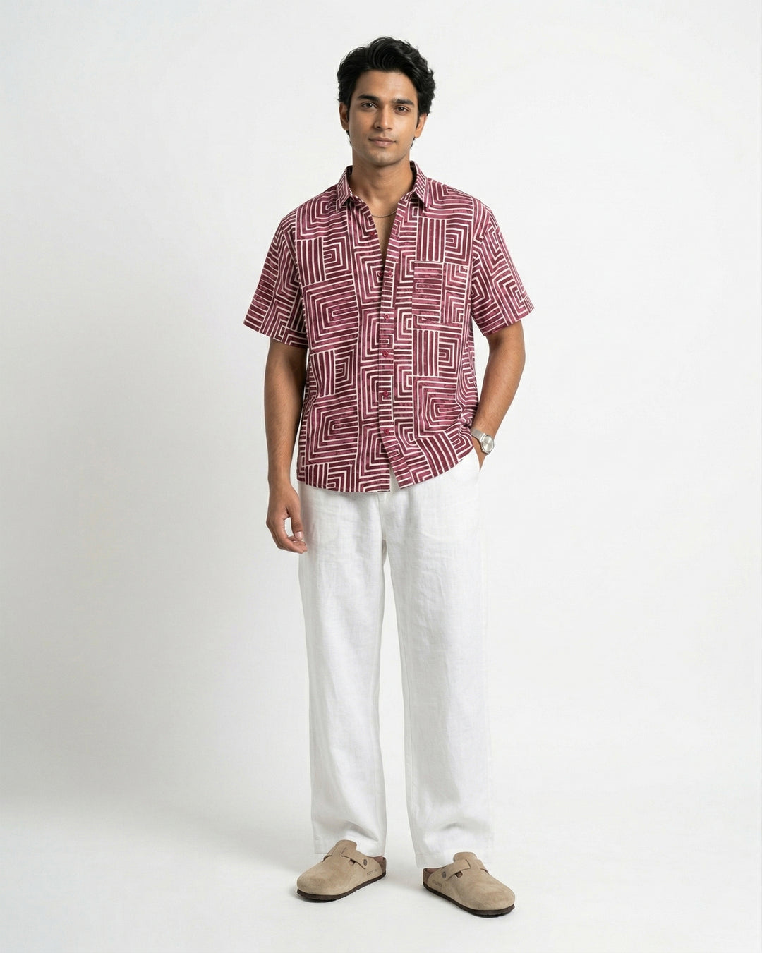 Wine Gridlock Cotton Poplin Half Sleeve Shirt