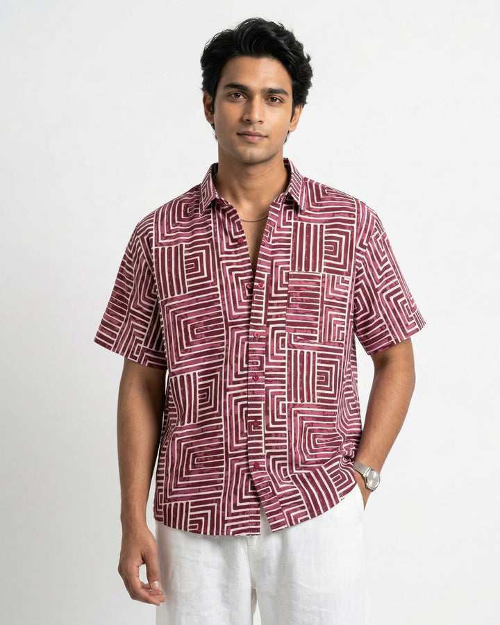 Wine Gridlock Cotton Poplin Half Sleeve Shirt