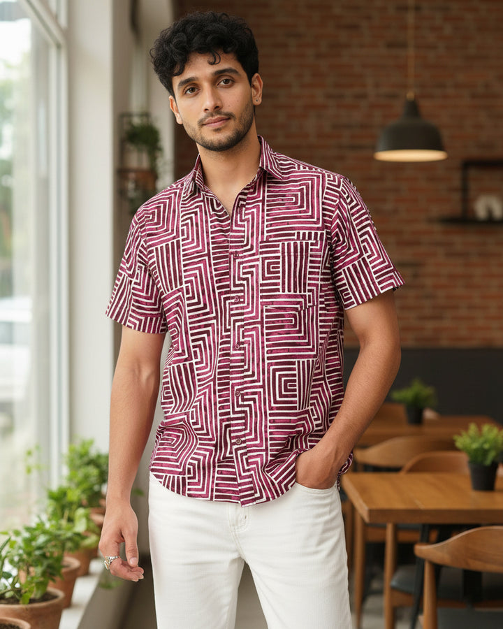 Wine Gridlock Cotton Poplin Half Sleeve Shirt