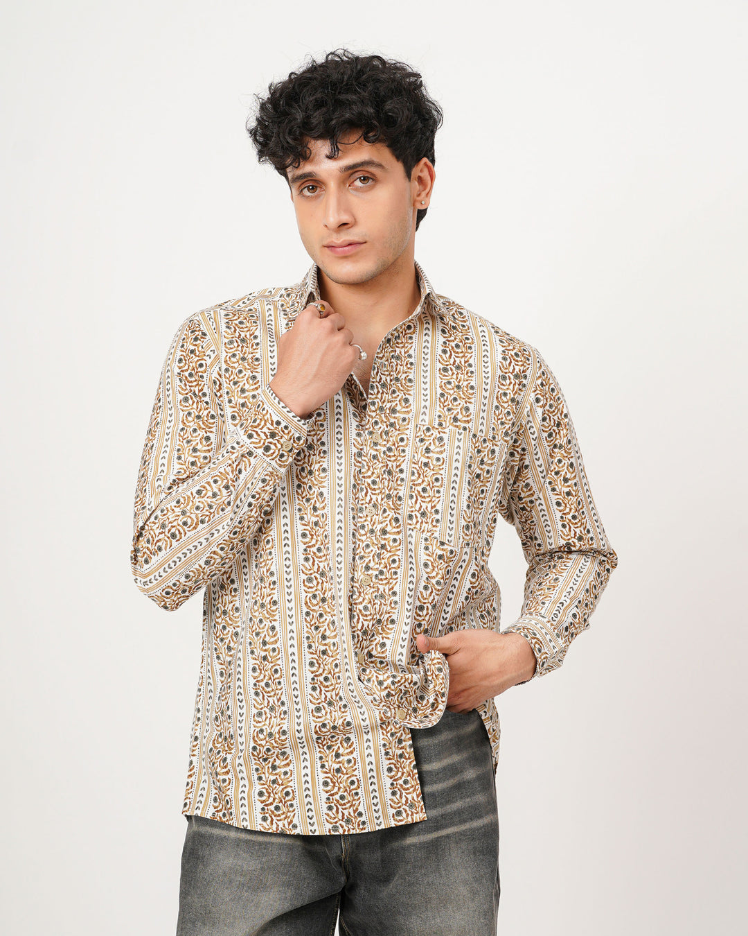 beige printed full sleeve shirt for men