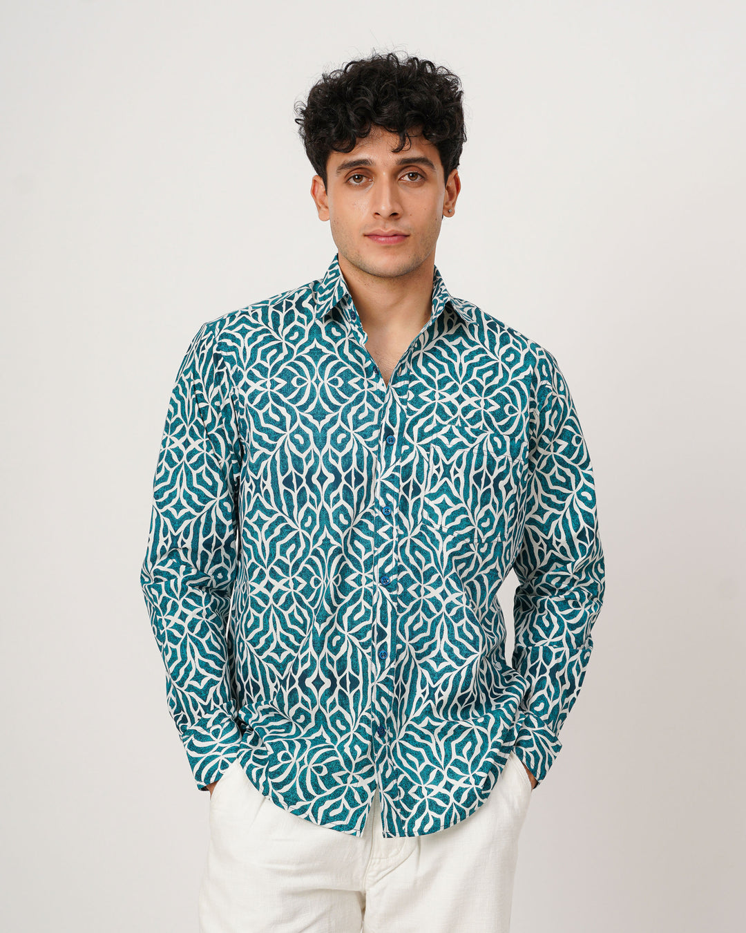 blue green printed full sleeve shirt for men