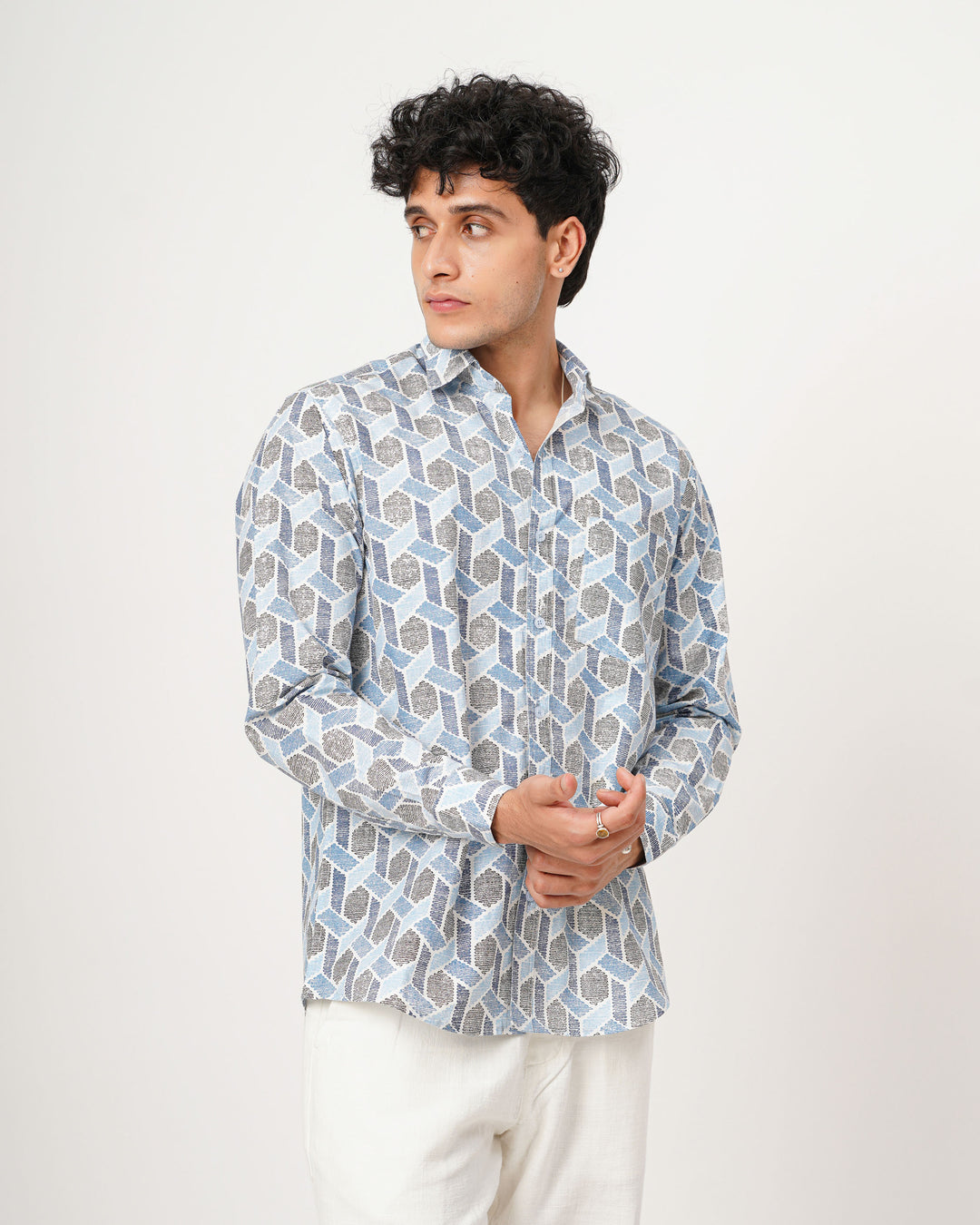 blue grey printed full sleeve shirt for men