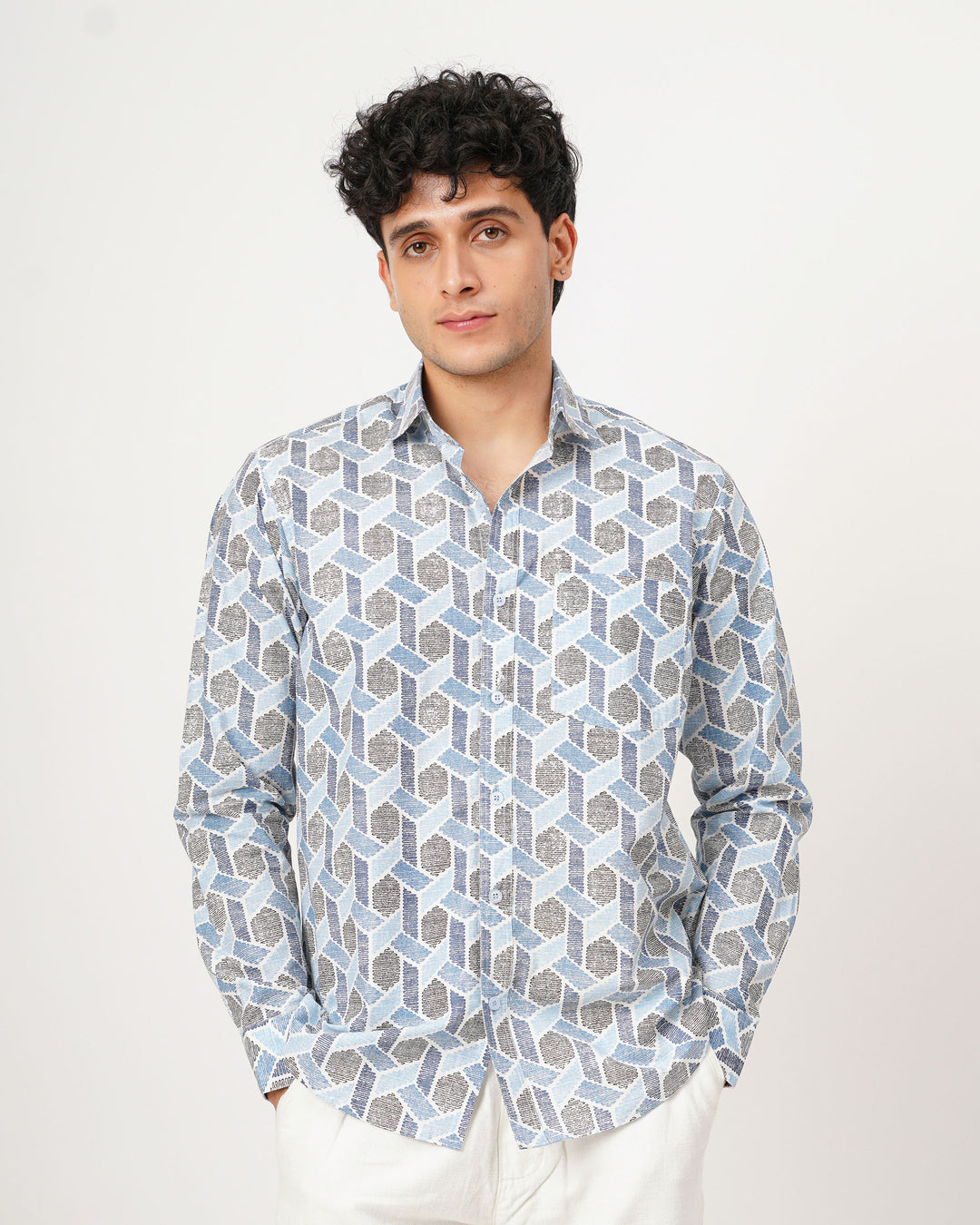 blue grey printed full sleeve shirt for men