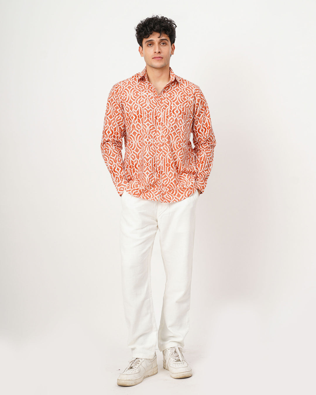 orange printed full sleeve shirt for men