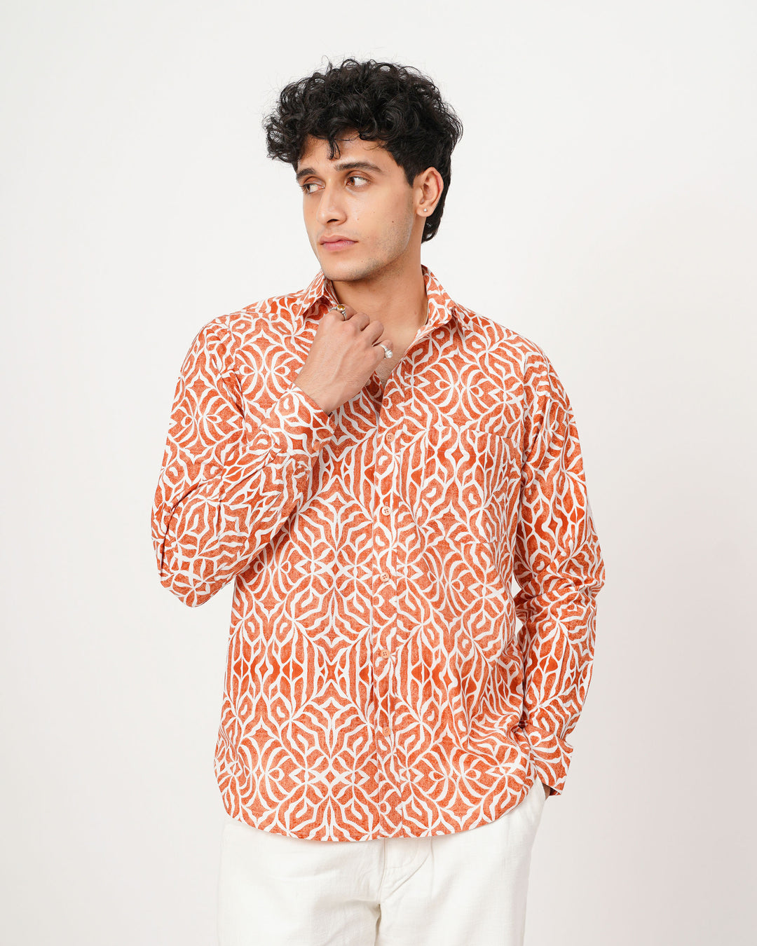 orange printed full sleeve shirt for men