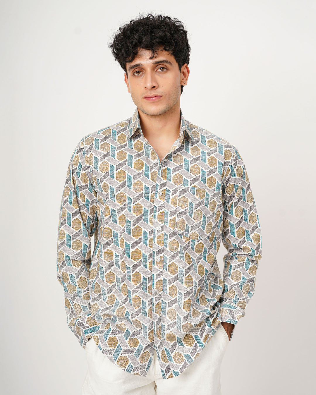 mustard black printed full sleeve shirt for men